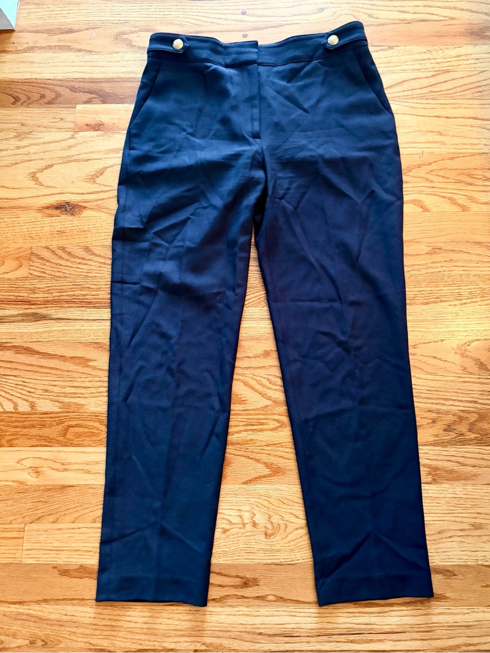 Veronica Beard Black Wool Blend Gold Crest Button Straight Leg Pants Size 10